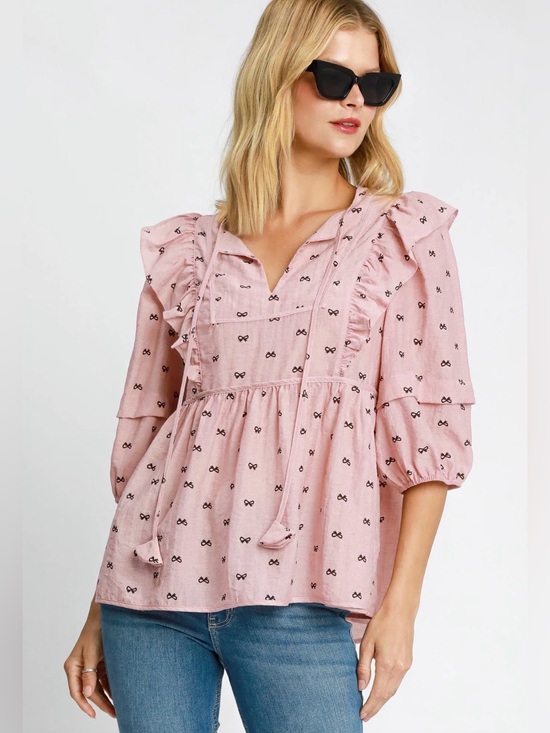 Umgee Tops - 🎀NWT Umgee "Bow🎀 Babydoll Blouse w/3/4 Puff Sleeves w/Ruffles” Mauve💗Black🖤Small